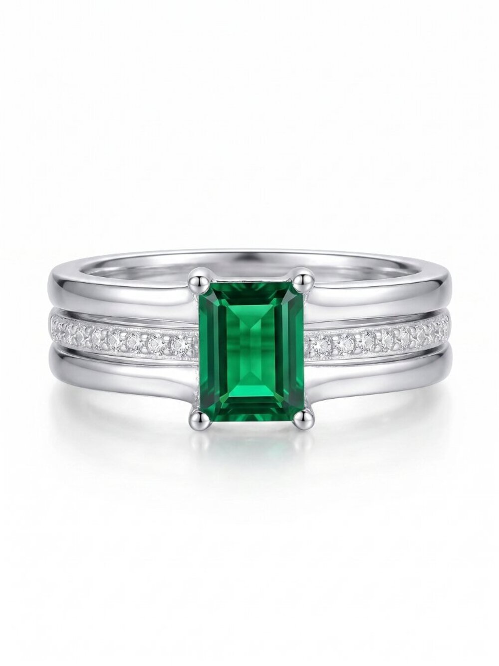 Emerald Green 2 Piece Ring set, real 925 Sterling Silver Charmed Aroma